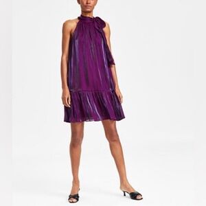 NWT Anne Klein Iridescent Tiered Dress Bow Tie Neck Party Cocktail Purple Sz 0